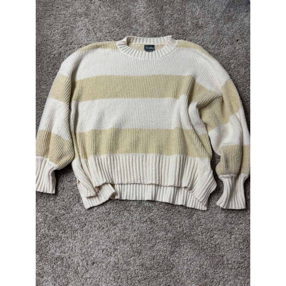 Arula Striped Chenille Sweater Cream Yellow Metallic Gold Knit Balloon Sleeve